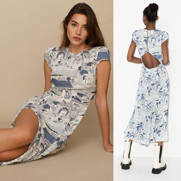 Reformation Dresses & Skirts - Reformation Gavin Blue White Portugal Printed Open Back Cap Sleeve Midi Dress
